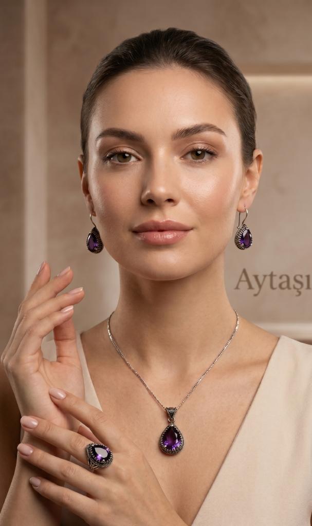 925 Ayar Klasik Ametist Gümüş Kolye